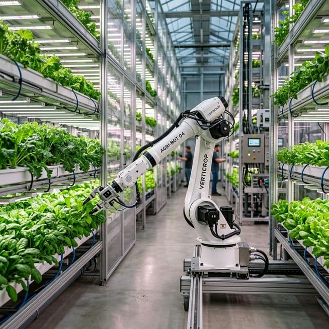Robotic arm operating in high-tech vertical farm
