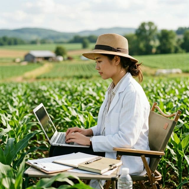 Woman agronomist working on laptop in crop field